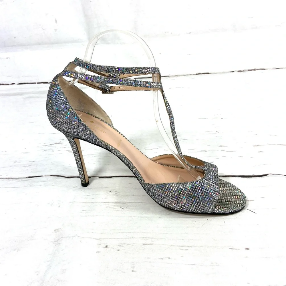 Kate Spade New York Shoes Women’s 10M Silver Pumps T-Strap Glitter Ankle‎ Strap